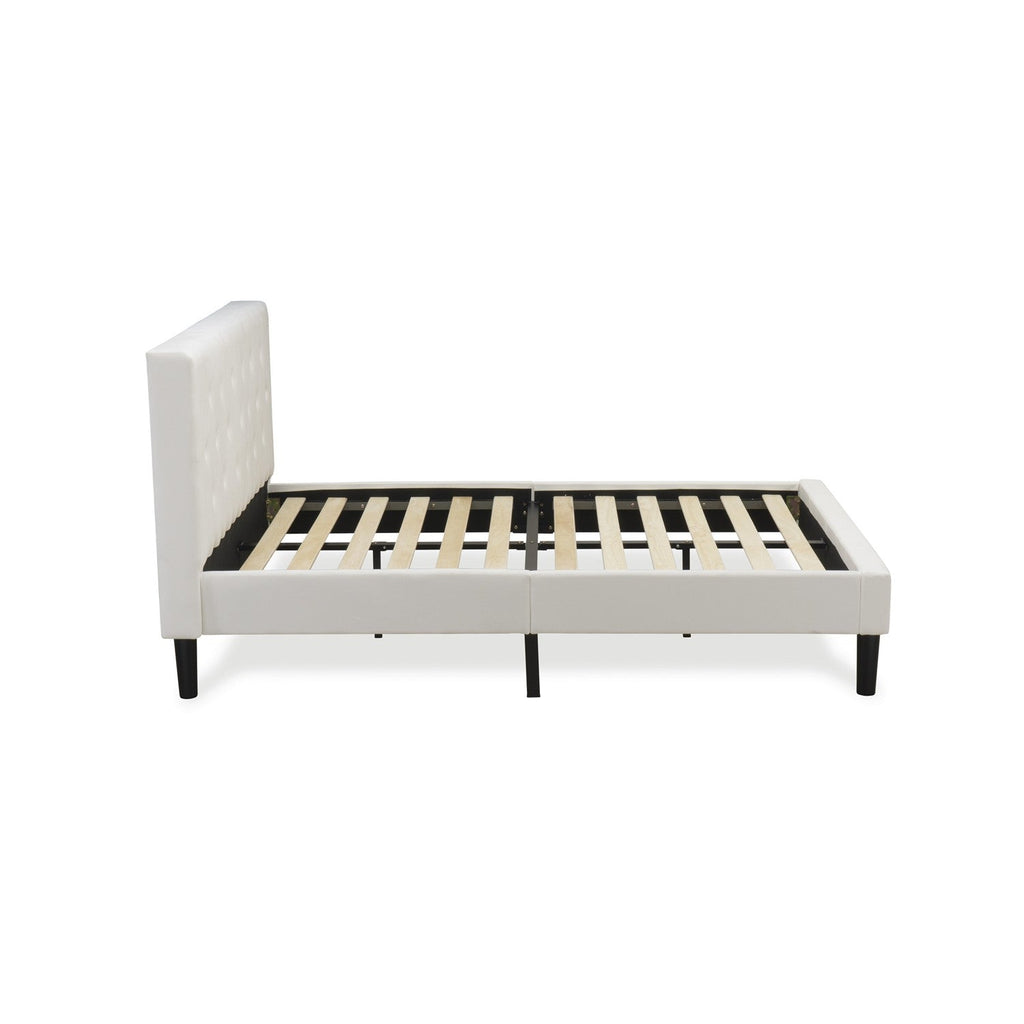 East West Furniture NLF-19-F Nolan Platform Bed Frame - Button Tufted White Velvet Fabric Padded Headboard & Footboard