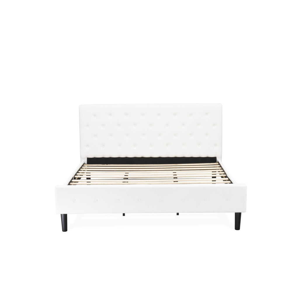 Cama con plataforma East West Furniture NLF-19-K Nolan - Cabecera y pie de cama tapizados en terciopelo blanco con botones