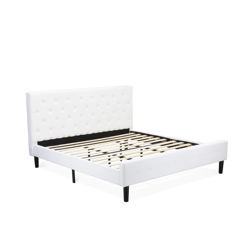 East West Furniture NLF-19-K Nolan Platform Bed - Button Tufted White Velvet Fabric Upholstered Headboard & Footboard, Black Legs, King Size