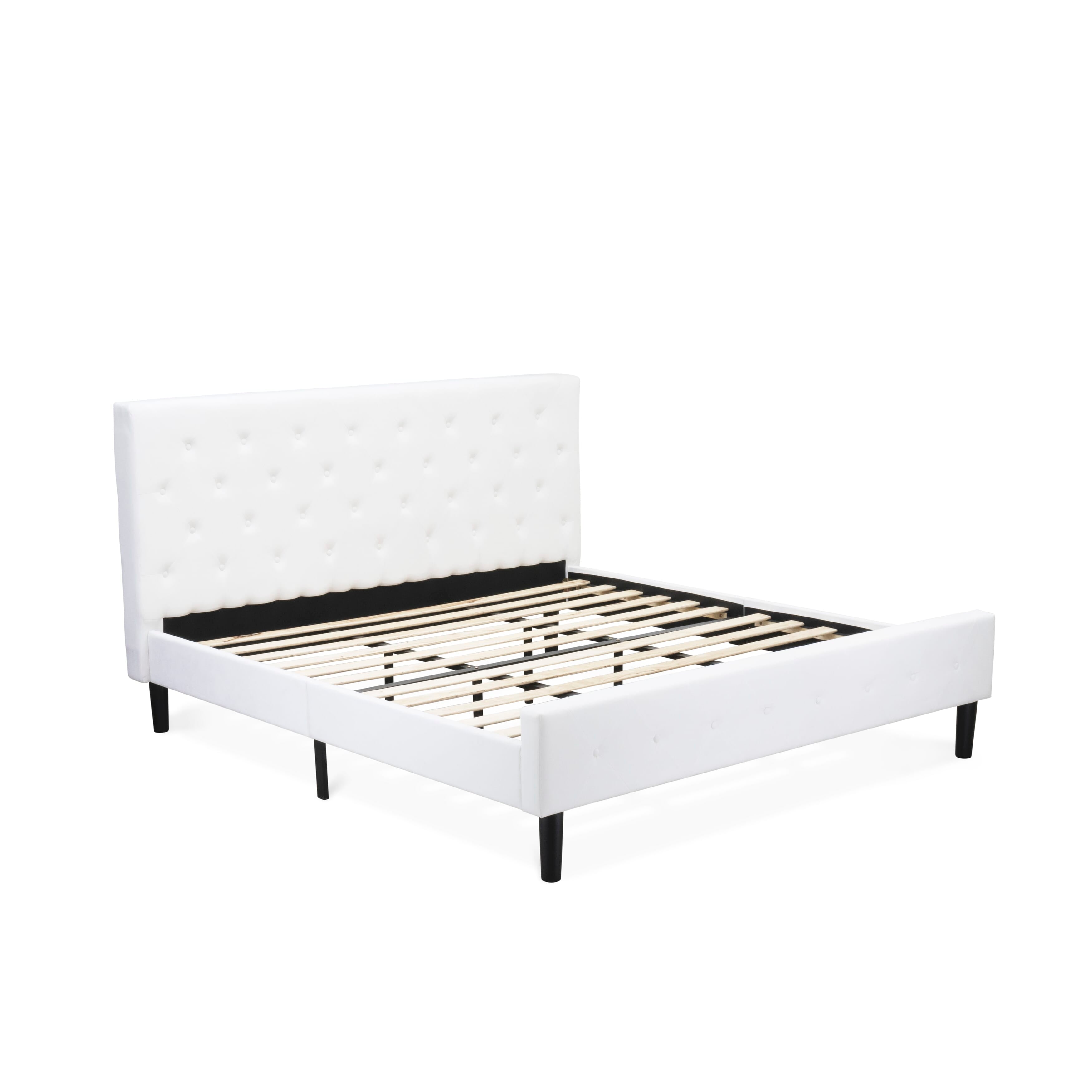 Juego de dormitorio de 3 piezas East West Furniture NL19K-2HI14: cama tamaño king con botones, cabecera tapizada en tela de terciopelo blanco y mesita de noche con acabado gris urbano.