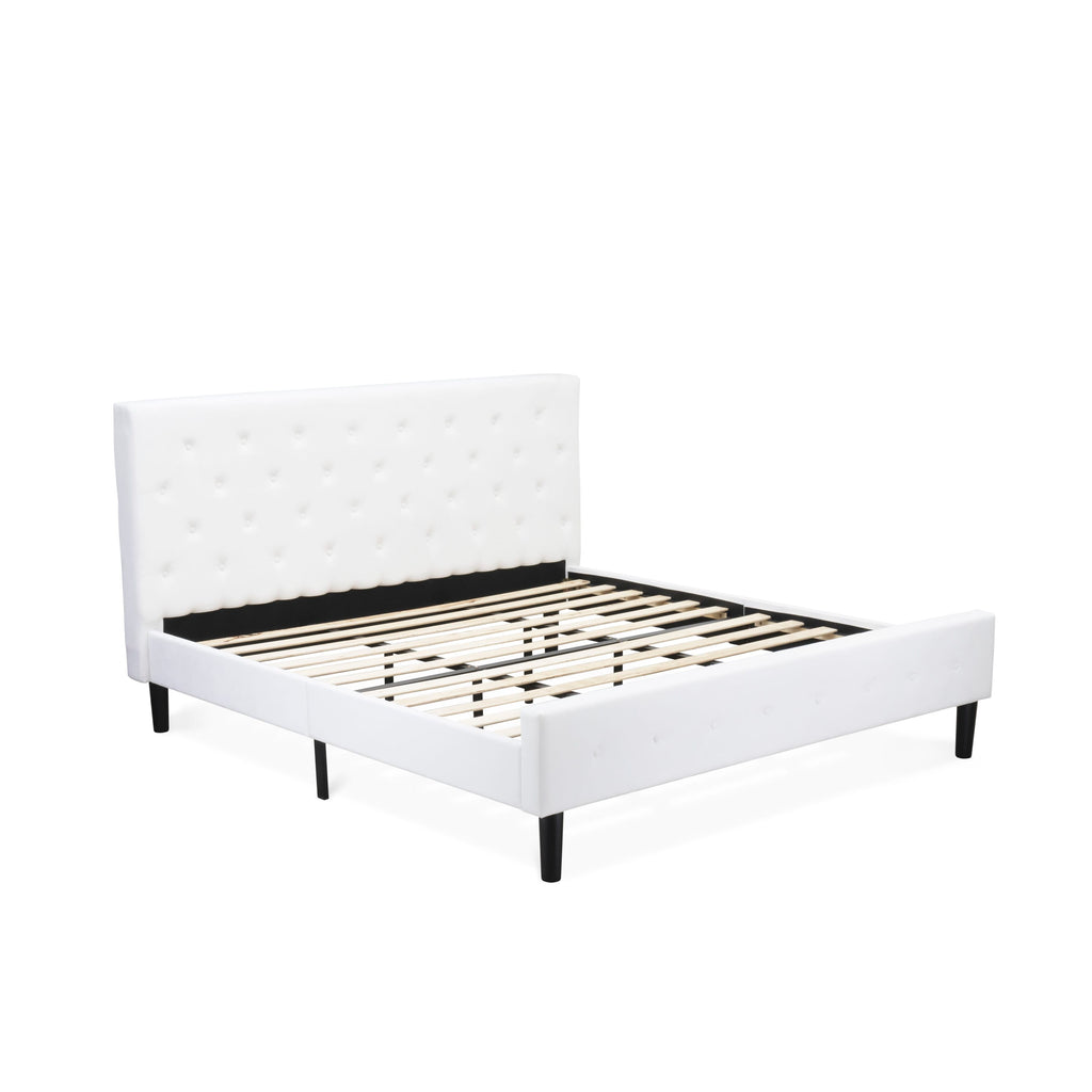 East West Furniture NL19K-1DE05 2 Piece King Size Bed Set - Button Tufted Platform Bed Frame - White Velvet Fabric Upholstered Headboard and a White Finish Nightstand
