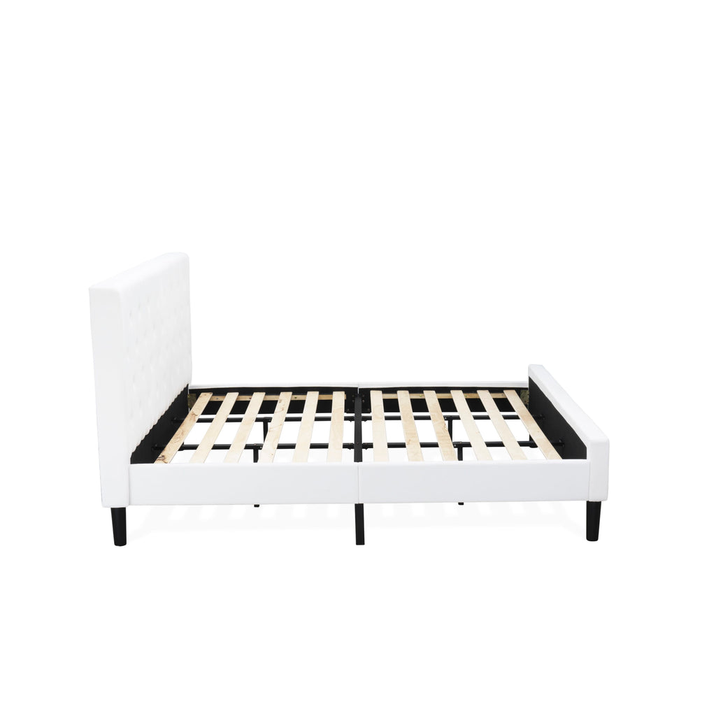 Cama con plataforma East West Furniture NLF-19-K Nolan - Cabecera y pie de cama tapizados en terciopelo blanco con botones