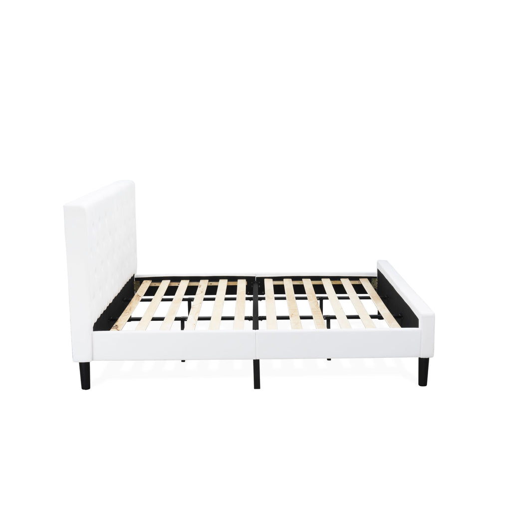 East West Furniture NL19K-1DE05 2 Piece King Size Bed Set - Button Tufted Platform Bed Frame - White Velvet Fabric Upholstered Headboard and a White Finish Nightstand