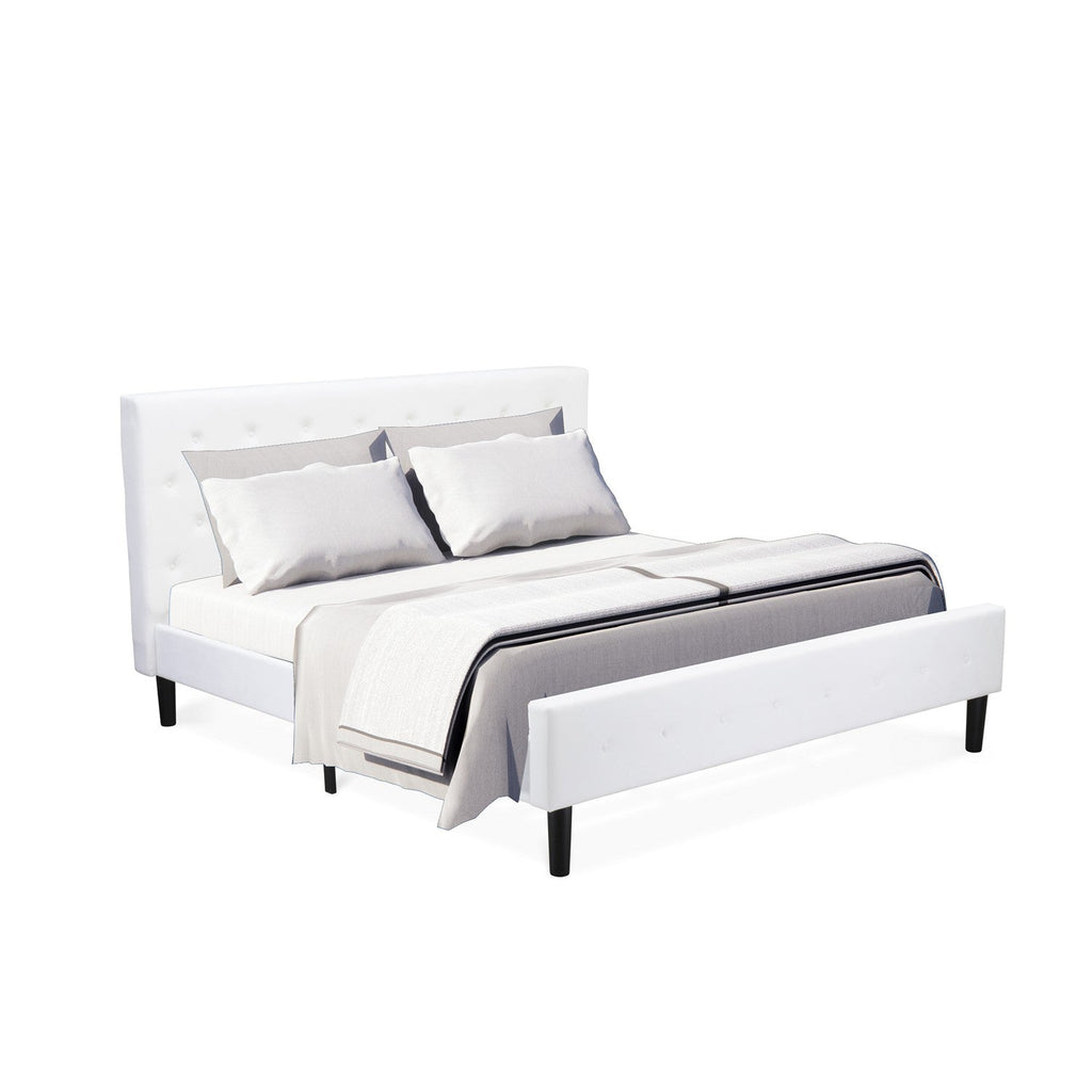 East West Furniture NL19K-1DE05 2 Piece King Size Bed Set - Button Tufted Platform Bed Frame - White Velvet Fabric Upholstered Headboard and a White Finish Nightstand