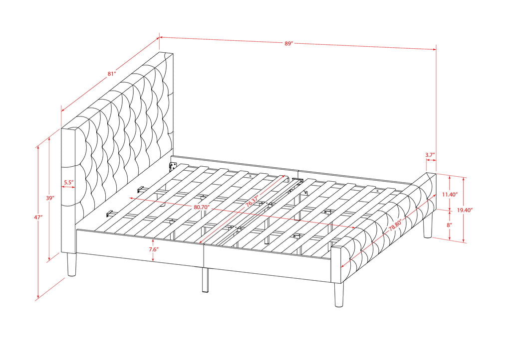 Juego de dormitorio tamaño king de 3 piezas NL19K-2VL14: cama de madera con botones, cabecera tapizada en tela de terciopelo blanco y mesita de noche con acabado gris urbano.