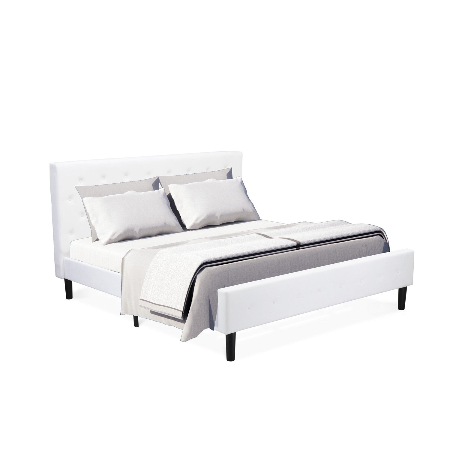 East West Furniture NL19K-2DE05 3 Piece King Bed Set - Button Tufted Bed Frame - Linen white Velvet Fabric and Upholstered Headboard and a Linen white Finish Nightstand