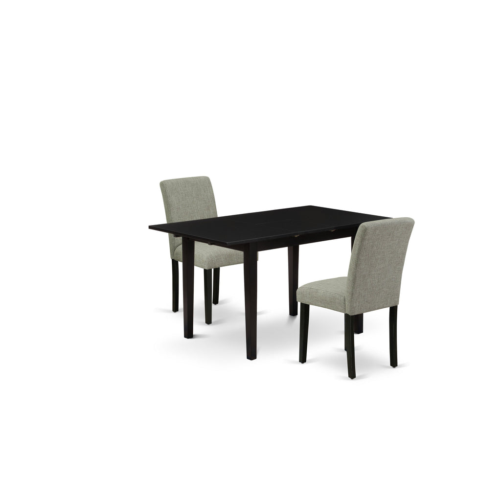 East West Furniture NOAB3-BLK-06 3 Piece Dining Room Furniture Set Contains a Rectangle Butterfly Leaf Kitchen Table and 2 Shitake Linen Fabric Upholstered Chairs