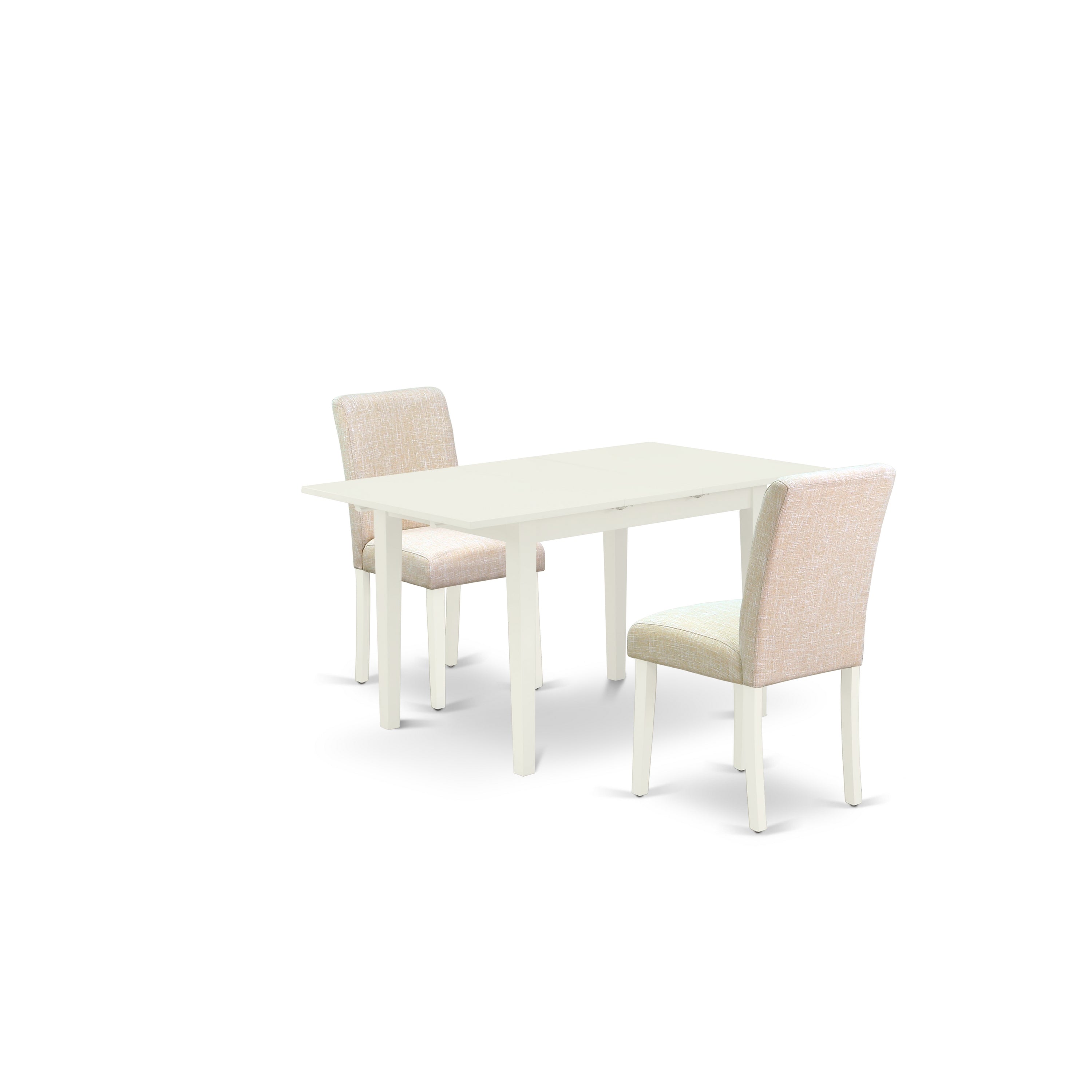 East West Furniture NOAB3-LWH-02 3-Piece Dining Room Set - 2 Kitchen Chairs with High Back and Upholstered Seat and Butterfly Leaf Rectangular Modern Rectangle Dining Table and 4 Legs - Linen White Finish