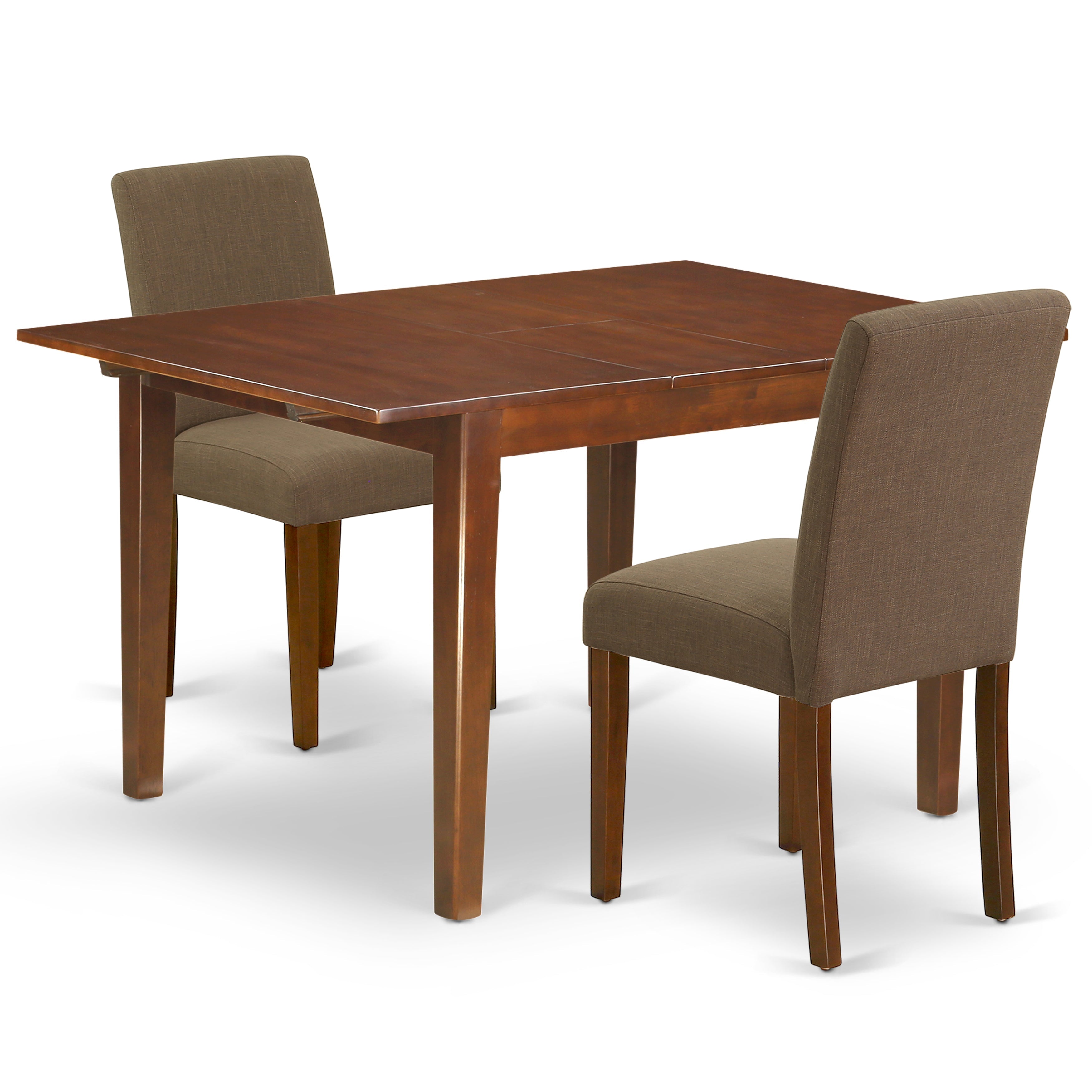 Juego de mesa de comedor de 3 piezas East West Furniture NOAB3-MAH-18. Incluye una mesa de cocina rectangular con diseño de hojas de mariposa y dos sillas de comedor Parson de tela de lino color café.