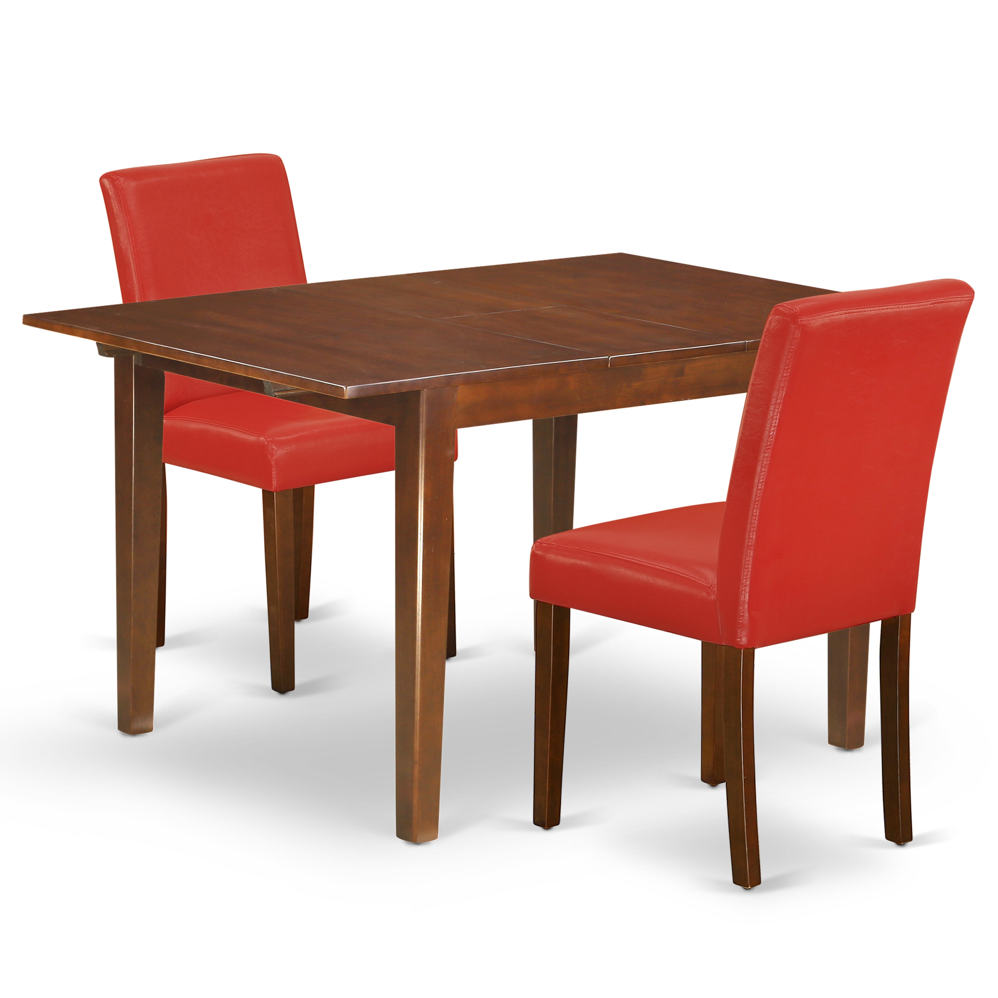 Juego de comedor de 3 piezas East West Furniture NOAB3-MAH-72. Incluye una mesa rectangular de madera con diseño de hojas de mariposa y dos sillas de comedor Parsons de cuero sintético rojo ladrillo refractario.