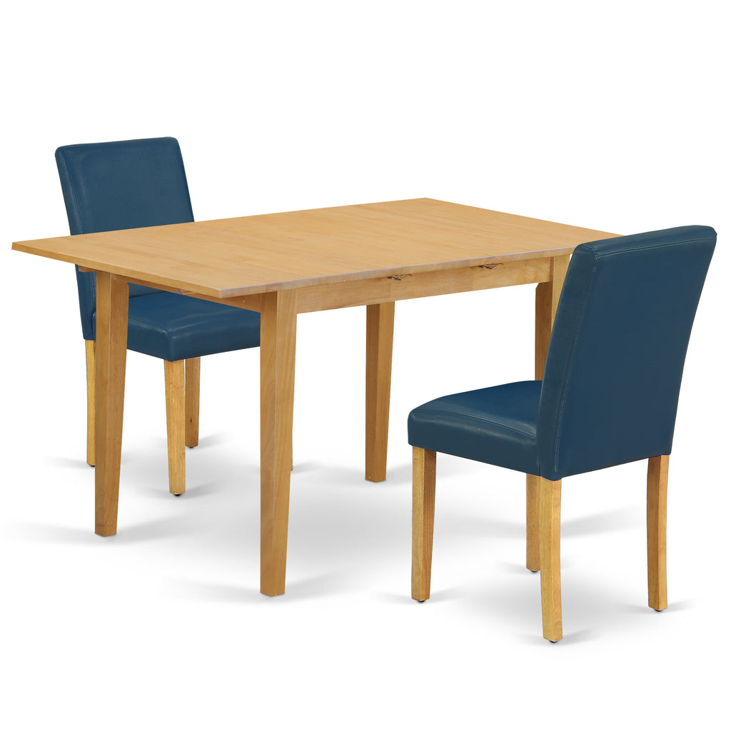 East West Furniture NOAB3-OAK-55 3 Piece Kitchen Table & Chairs Set Contains a Rectangle Dining Table with Butterfly Leaf and 2 Oasis Blue Faux Leather Parson Chairs