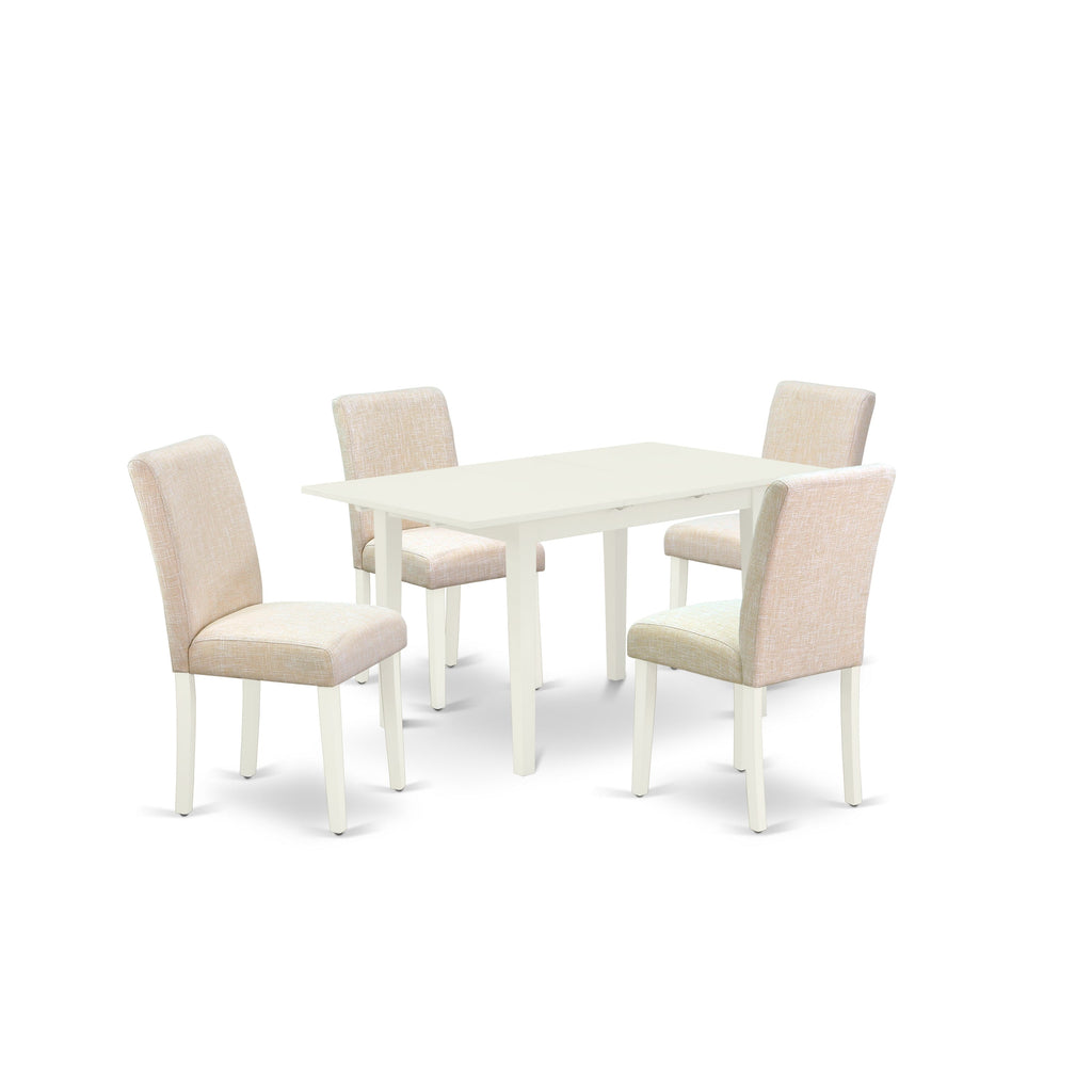 Juego de mesa de comedor de 5 piezas East West Furniture NOAB5-LWH-02. Incluye una mesa de cocina rectangular con hojas de mariposa y 4 sillas tapizadas en tela de lino beige claro.