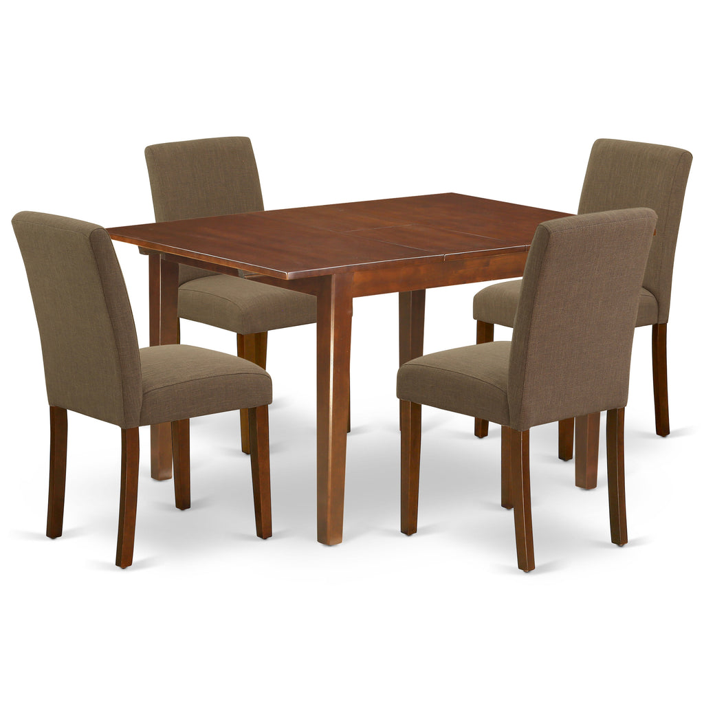 Juego de mesa de comedor East West Furniture NOAB5-MAH-18 de 5 piezas para 4 personas. Incluye una mesa de cocina rectangular con diseño de hojas de mariposa y 4 sillas de comedor Parson de tela de lino color café.