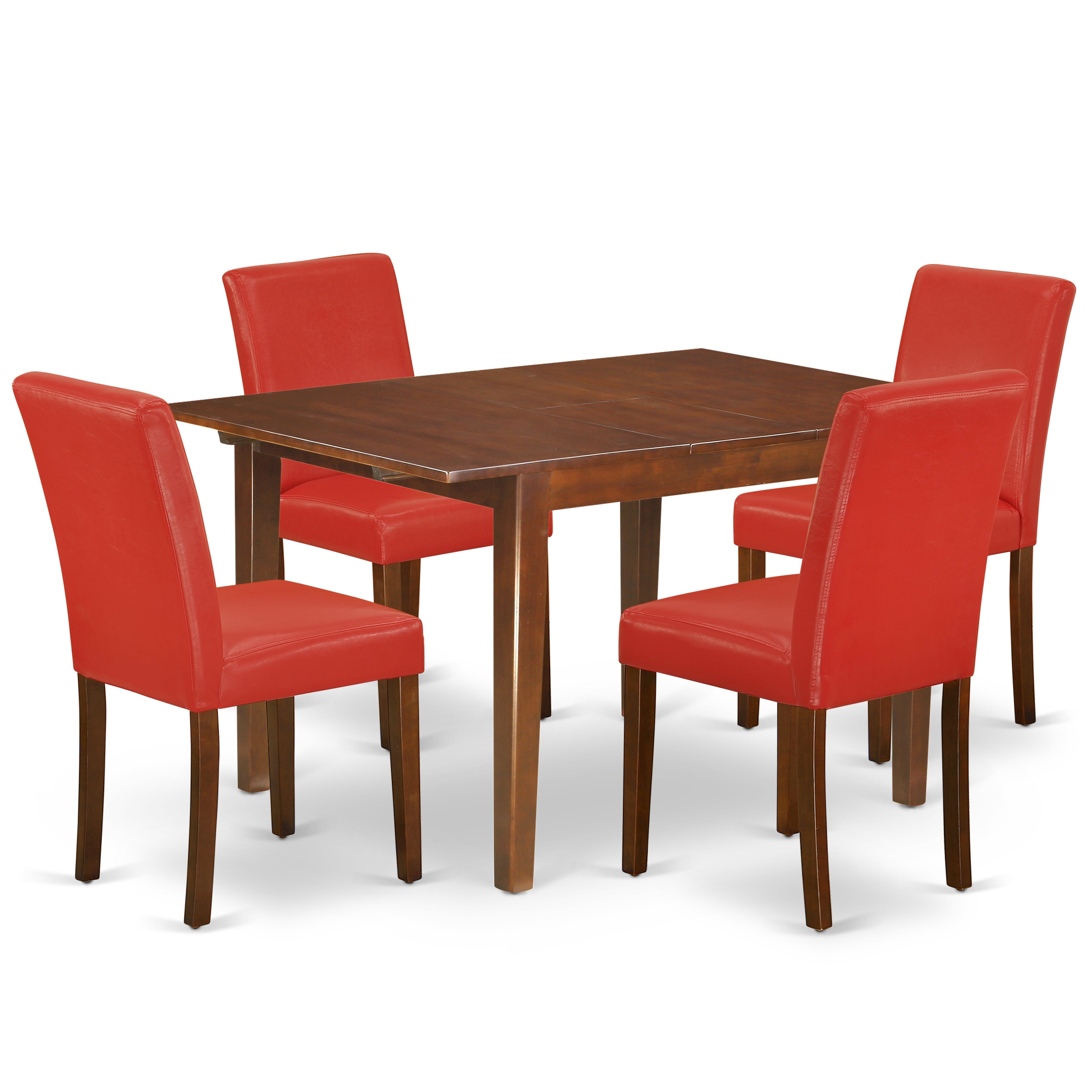 NOAB5-MAH-72 5Pc Rectangle 42/53.5" Dinette Table With 12 In Leaf And Four Parson Chair With Mahogany Leg And Pu Leather Color Firebrick Red
