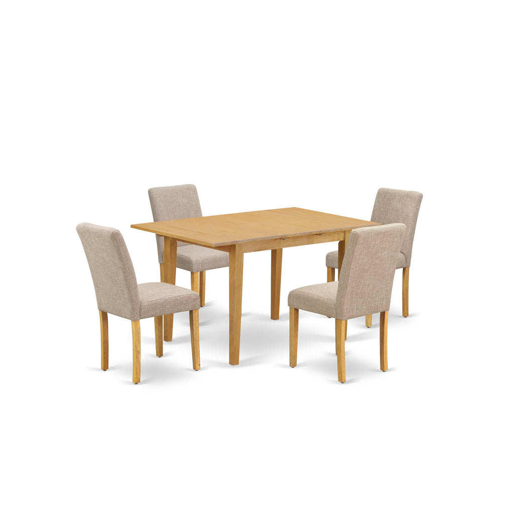 Juego de comedor de 5 piezas East West Furniture NOAB5-OAK-04. Incluye una mesa de comedor rectangular con diseño de hojas de mariposa y 4 sillas tapizadas en tela de lino color tostado claro.