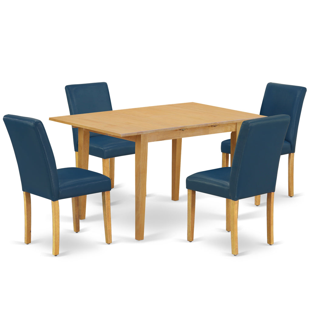 East West Furniture NOAB5-OAK-55 5 Piece Modern Dining Table Set Includes a Rectangle Wooden Table with Butterfly Leaf and 4 Oasis Blue Faux Leather Parson Chairs