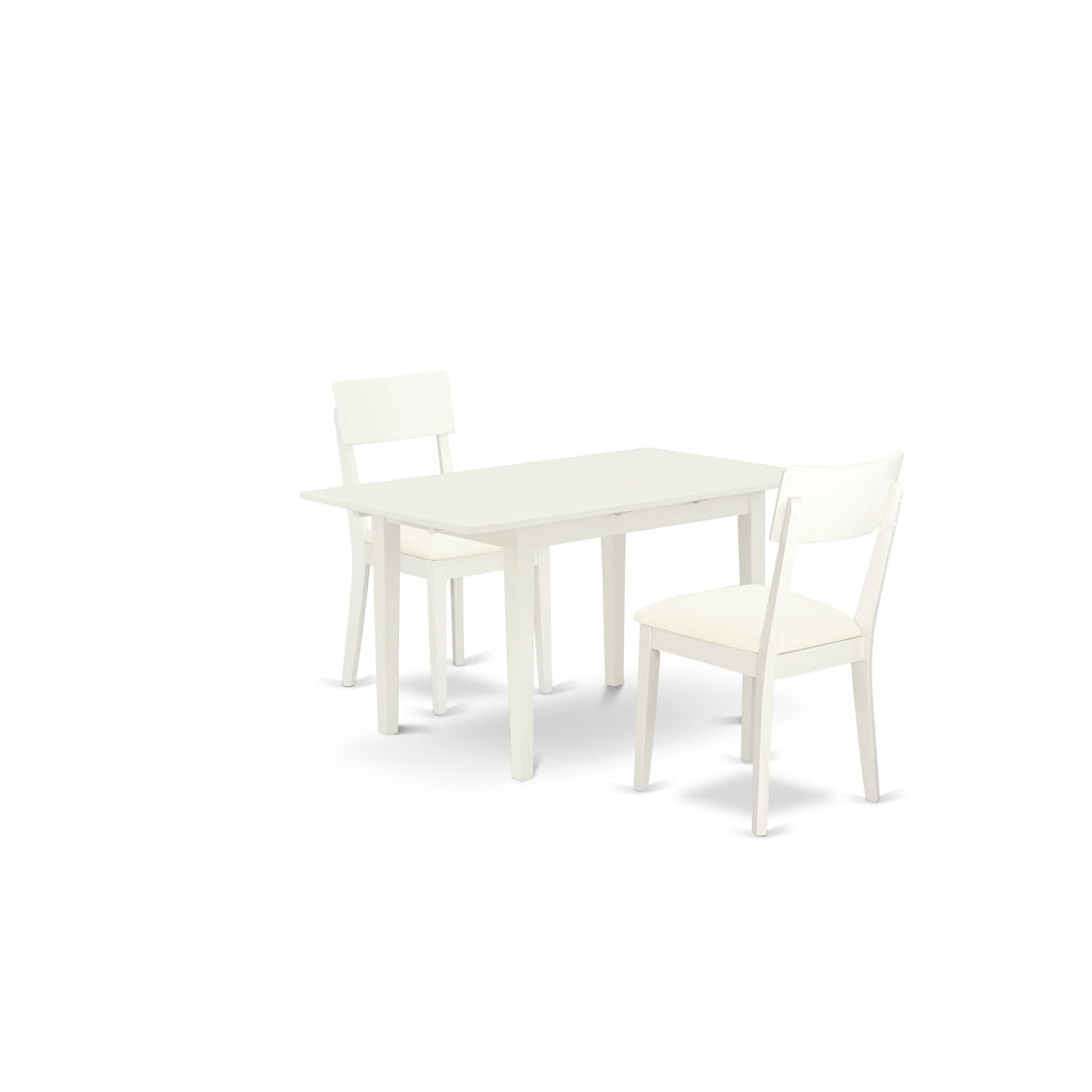 Juego de comedor de 3 piezas East West Furniture NOAD3-LWH-LC. Incluye una mesa rectangular de madera con diseño de hojas de mariposa y dos sillas de comedor de cocina de piel sintética.