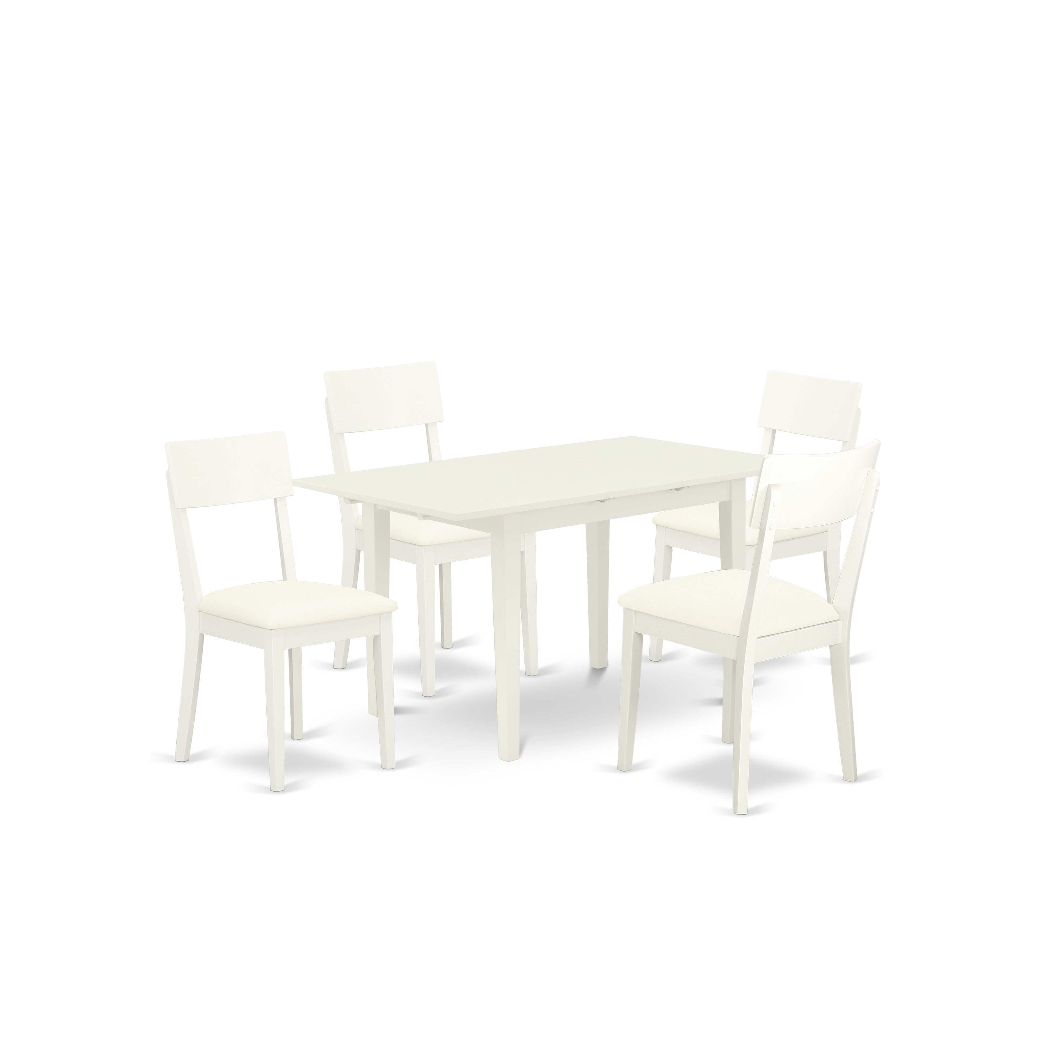 El juego de comedor de 5 piezas East West Furniture NOAD5-LWH-LC incluye una mesa de cocina rectangular con diseño de hojas de mariposa y 4 sillas tapizadas en piel sintética.