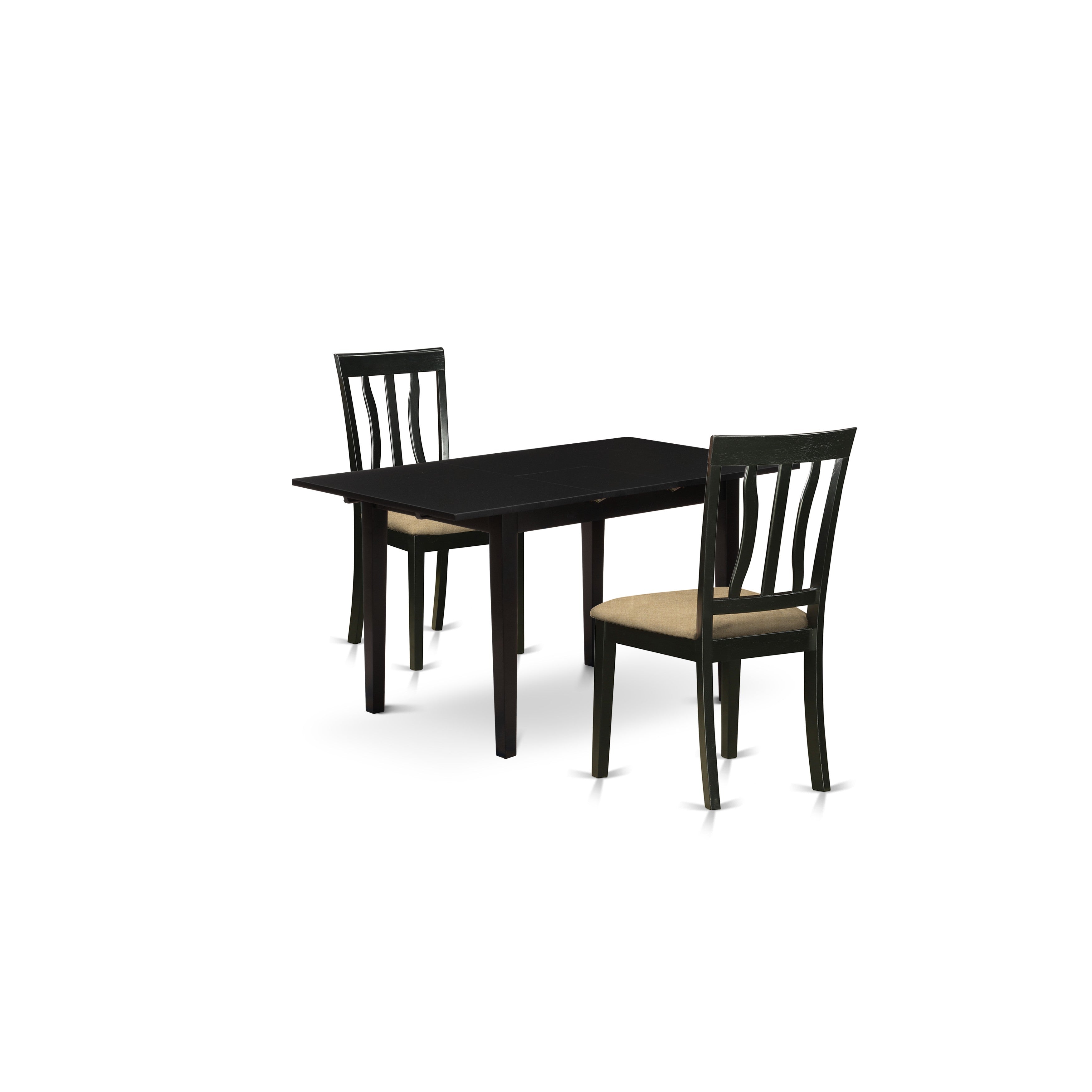East West Furniture NOAN3-BLK-C 3-Pc Wood Dining Table Set 2 Wood Dining Chairs with Slatted Back and a Linen Fabric Seat and Butterfly Leaf Kitchen Table with Rectangular Top and 4 Legs- Black Finish