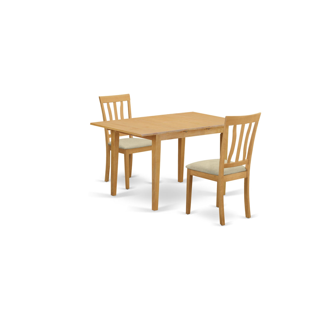 Juego de mesa de cocina de 3 piezas East West Furniture NOAN3-OAK-C. Incluye una mesa de comedor rectangular con hojas de mariposa y 2 sillas de comedor de tela de lino.