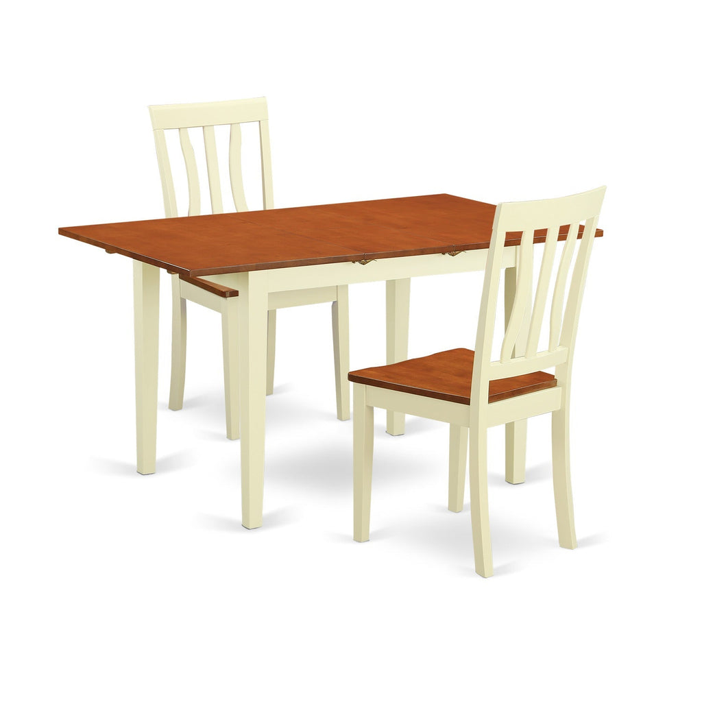 Juego de mesa de comedor de 3 piezas East West Furniture NOAN3-WHI-W. Incluye una mesa de cocina rectangular con diseño de hojas de mariposa y 2 sillas de comedor.