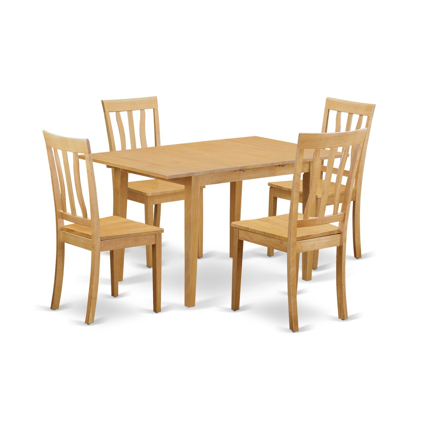 Juego de mesa y sillas de cocina de 5 piezas East West Furniture NOAN5-OAK-W. Incluye una mesa de comedor rectangular con diseño de hojas de mariposa y 4 sillas de comedor.