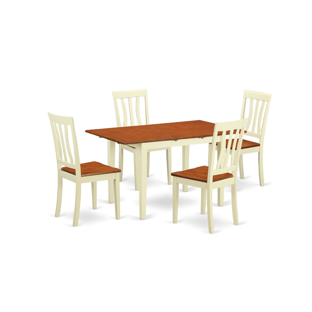Juego de mesa y sillas de cocina de 5 piezas East West Furniture NOAN5-WHI-W. Incluye una mesa de comedor rectangular con diseño de hojas de mariposa y 4 sillas de comedor.