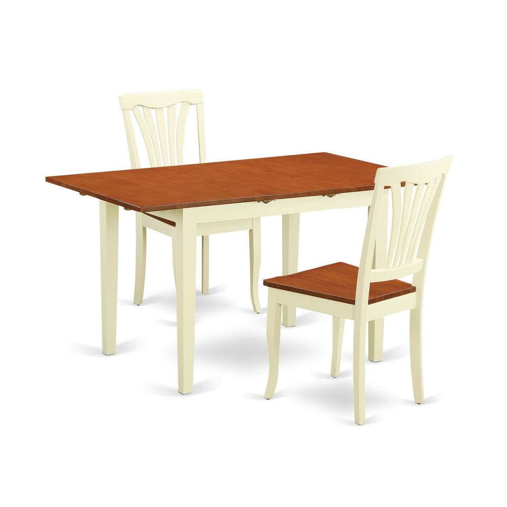 Juego de mesa de cocina de 3 piezas East West Furniture NOAV3-WHI-W para espacios pequeños. Incluye una mesa de comedor rectangular con diseño de hojas de mariposa y dos sillas con asiento de madera maciza.