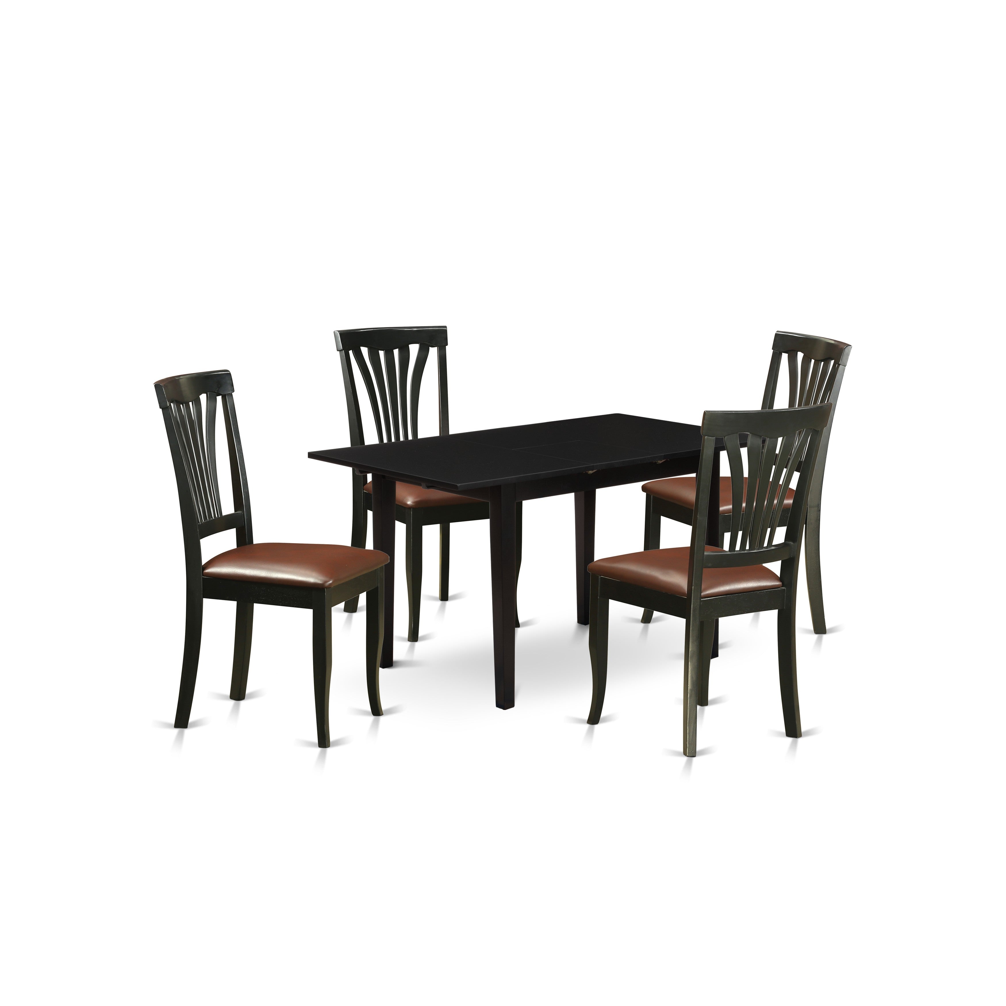 East West Furniture NOAV5-BLK-LC 5-Pc Dining Room Table Set 4 Wooden Dining Chairs with Slatted Back and a Faux Leather Seat and Mid Century Butterfly Leaf Dining Table with Rectangular Top and 4 Legs- Black Finish