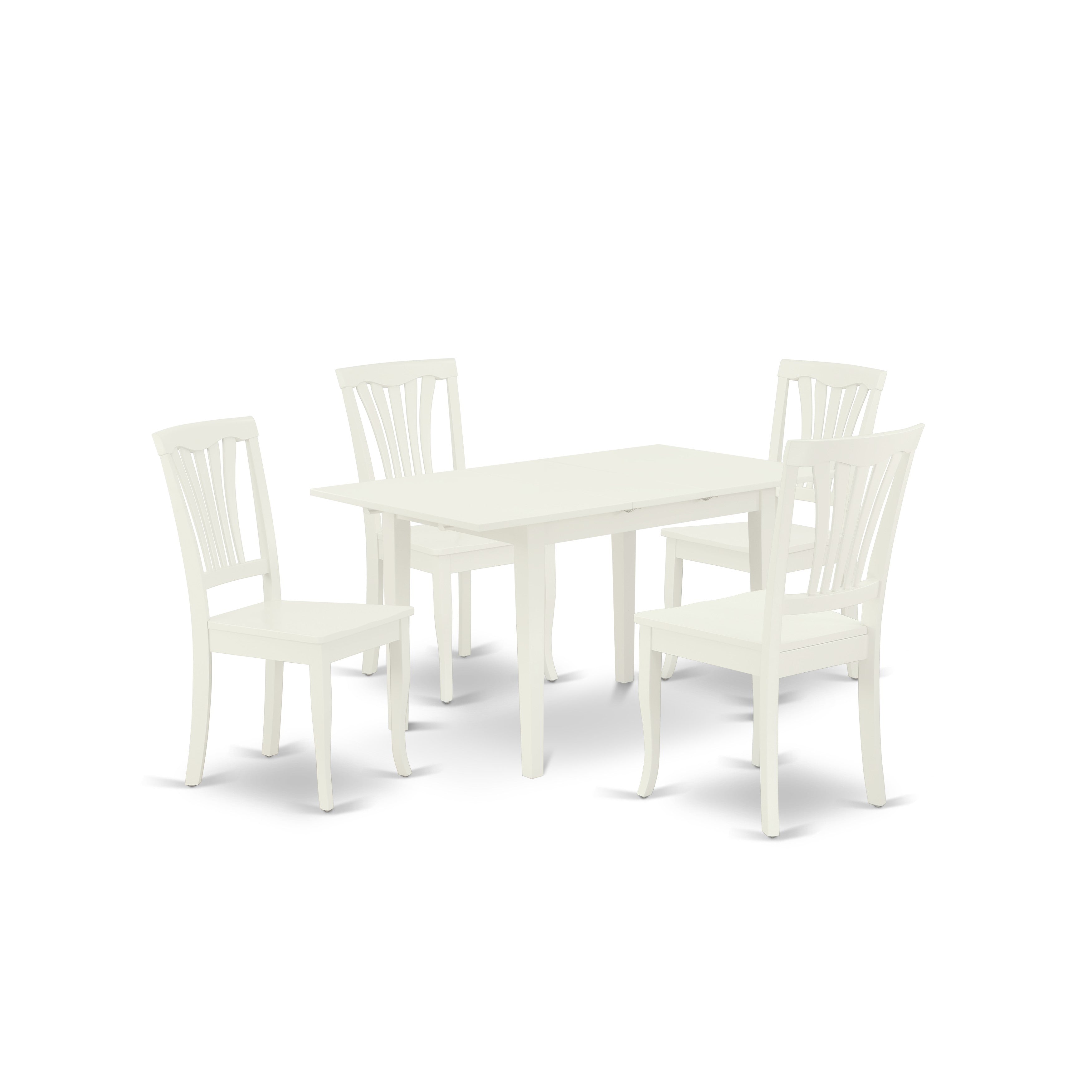 Juego de mesa y sillas de cocina de 5 piezas East West Furniture NOAV5-LWH-W. Incluye una mesa de comedor rectangular con diseño de hojas de mariposa y 4 sillas de madera maciza.