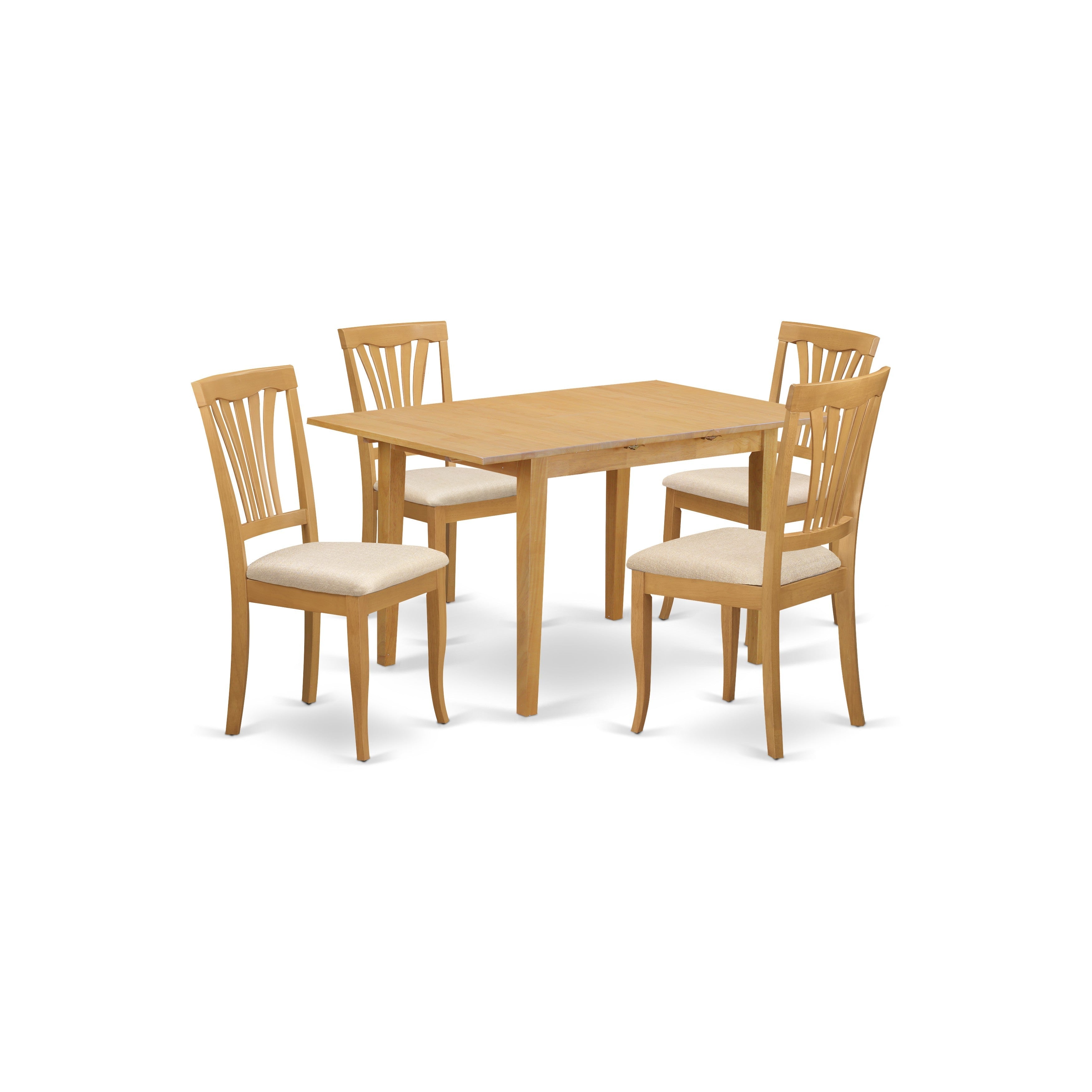 Juego de comedor de 5 piezas East West Furniture NOAV5-OAK-C para 4 personas. Incluye una mesa de comedor rectangular con diseño de hojas de mariposa y 4 sillas de comedor de tela de lino.