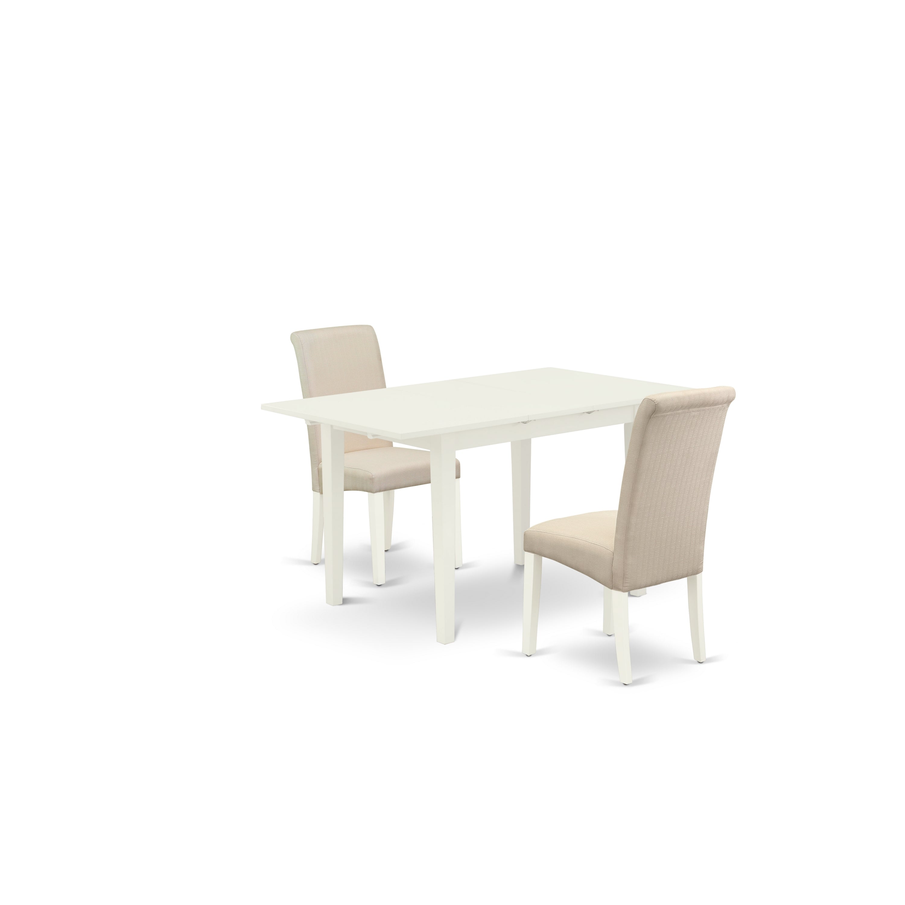 Juego de mesa de comedor de 3 piezas East West Furniture NOBA3-LWH-01. Incluye una mesa de comedor rectangular con diseño de hojas de mariposa y dos sillas Parsons de tela de lino color crema.