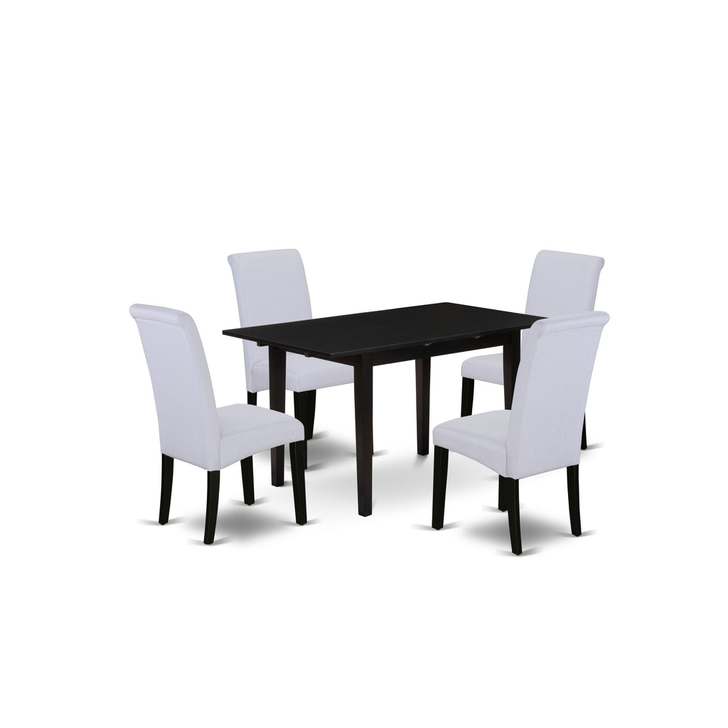 Juego de mesa de comedor East West Furniture NOBA5-BLK-05 de 5 piezas para 4 personas. Incluye una mesa de cocina rectangular con diseño de hojas de mariposa y 4 sillas Parson de tela de lino gris.