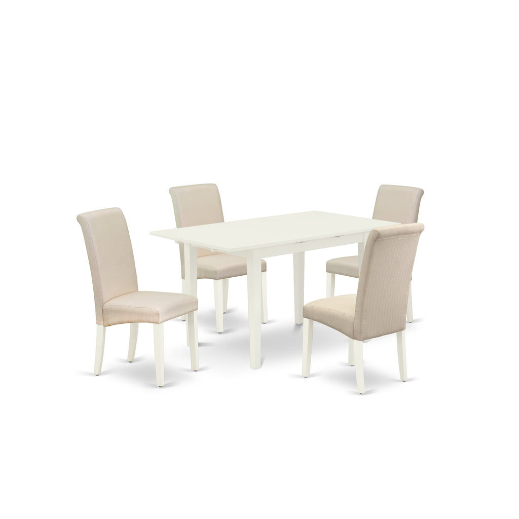 El juego de mesa de comedor de 5 piezas East West Furniture NOBA5-LWH-01 incluye una mesa de cocina rectangular con diseño de hojas de mariposa y 4 sillas de comedor Parson de tela de lino color crema.