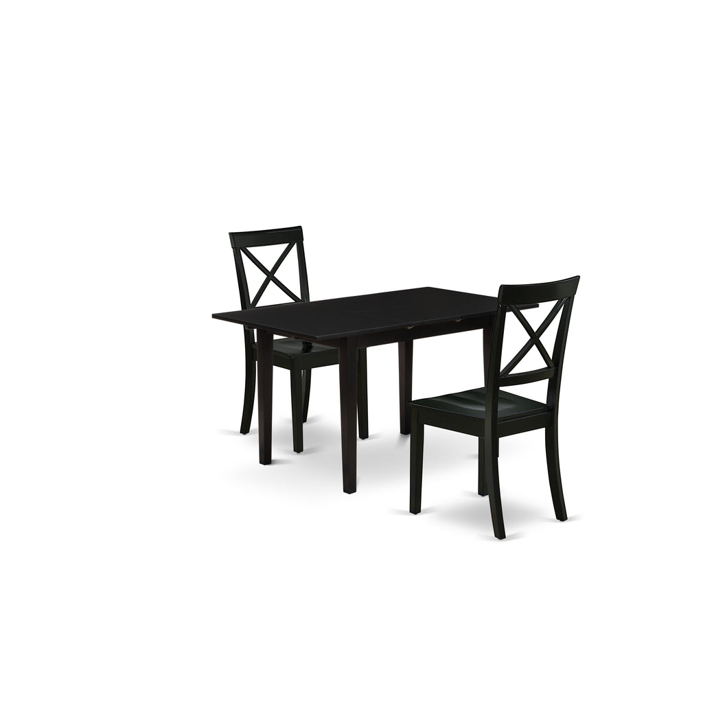 East West Furniture NOBO3-BLK-W 3 Piece Modern Dining Table Set Contains a Rectangle Wooden Table with Butterfly Leaf and 2 Kitchen Dining Chairs