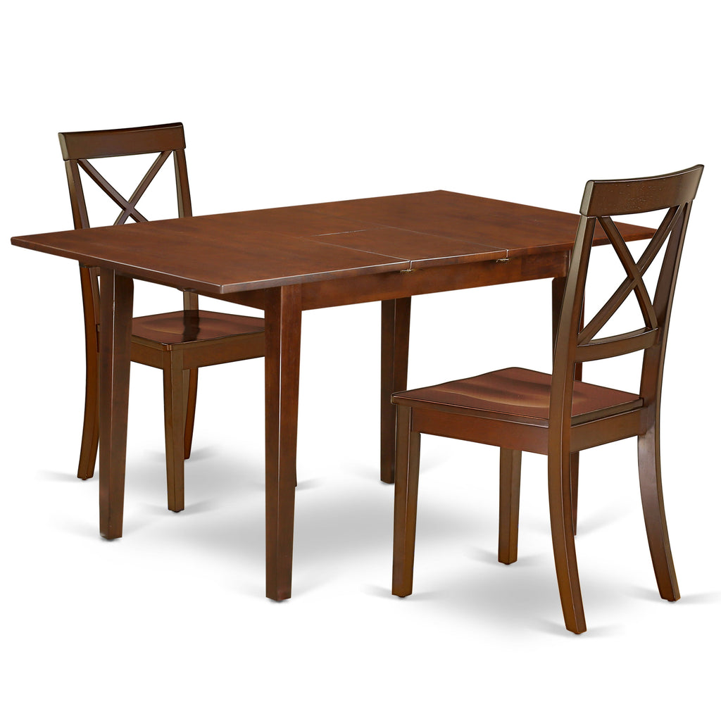 Juego de mesa y sillas de cocina de 3 piezas East West Furniture NOBO3-MAH-W. Incluye una mesa de comedor rectangular con hojas de mariposa y 2 sillas con asiento de madera maciza.