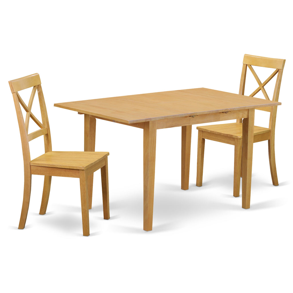 Juego de mesa de cocina de 3 piezas East West Furniture NOBO3-OAK-W para espacios pequeños. Contiene una mesa de comedor rectangular con hojas de mariposa y 2 sillas de comedor.
