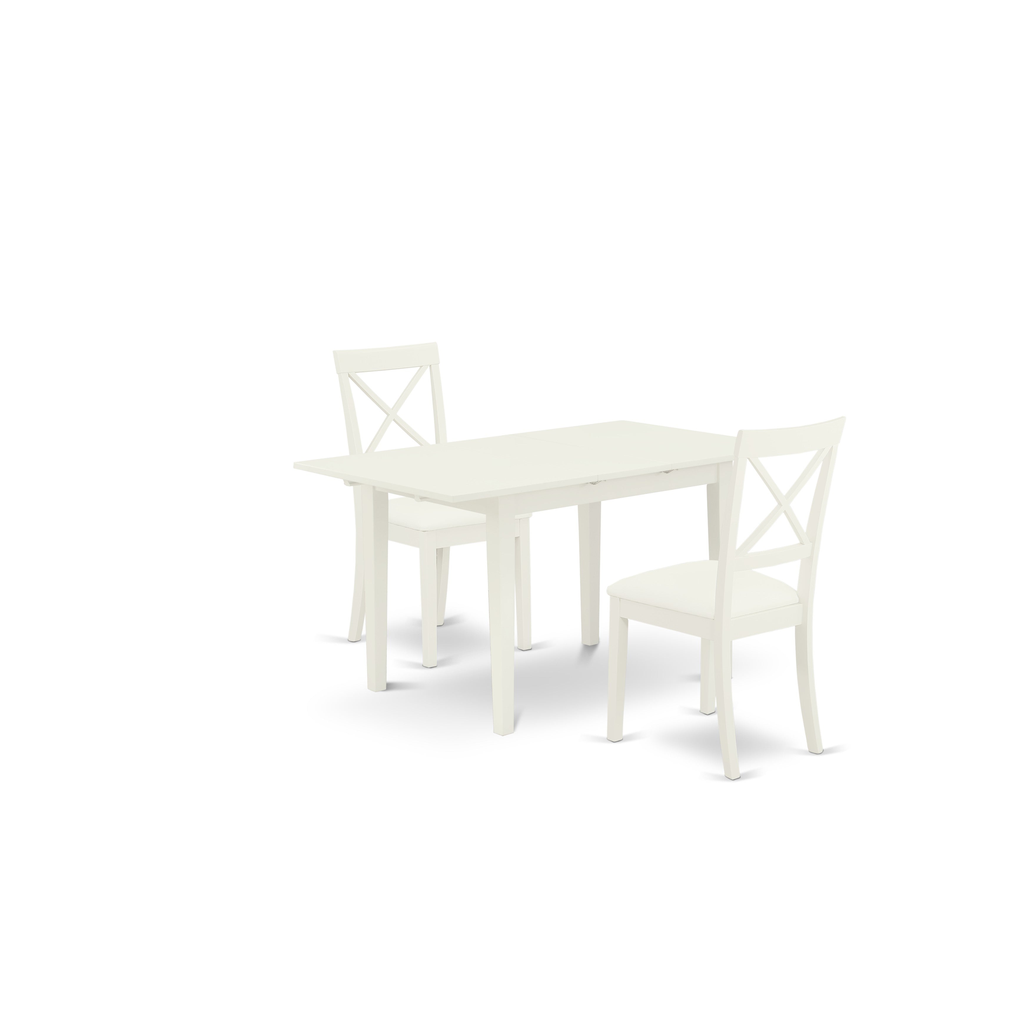 East West Furniture NOBO3-WHI-LC 3-Piece Kitchen Set 2 Dining Room Chairs with X-Back and a Faux Leather Seat and Butterfly Leaf Dining Table with Rectangular Top and 4 Legs- Linen White Finish