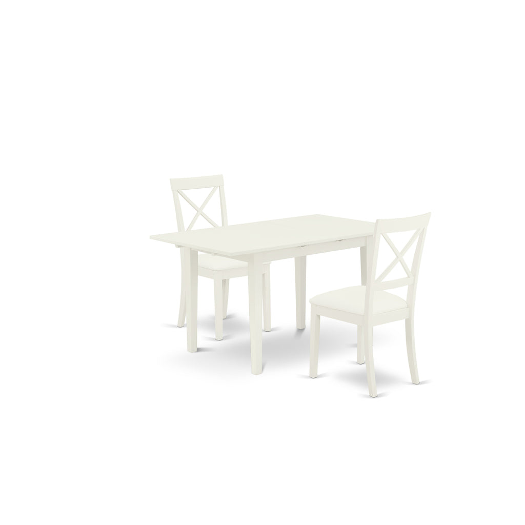 Juego de mesa y sillas de cocina de 3 piezas East West Furniture NOBO3-WHI-LC. Incluye una mesa de comedor rectangular con hojas de mariposa y 2 sillas de comedor de piel sintética.