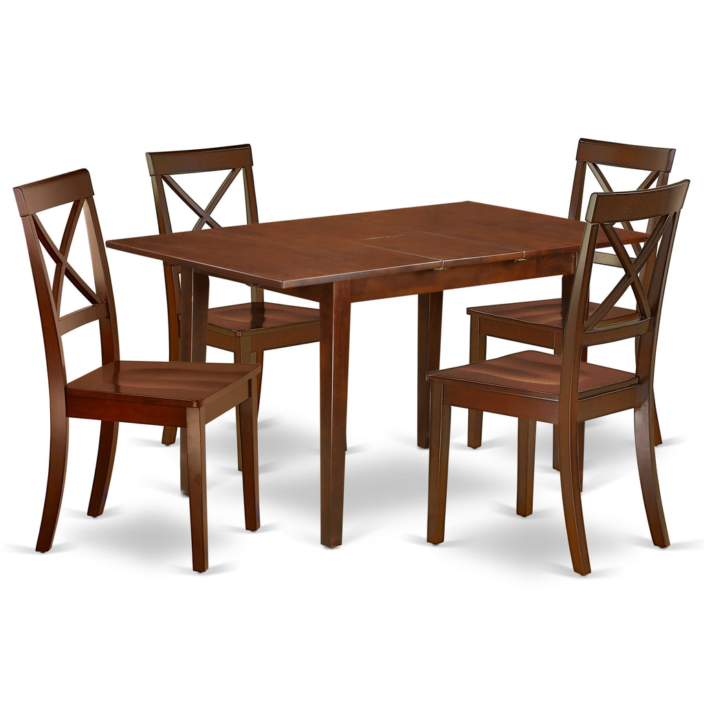 Juego de mesa de comedor East West Furniture NOBO5-MAH-W de 5 piezas para 4 personas. Incluye una mesa de cocina rectangular con diseño de hojas de mariposa y 4 sillas de comedor.