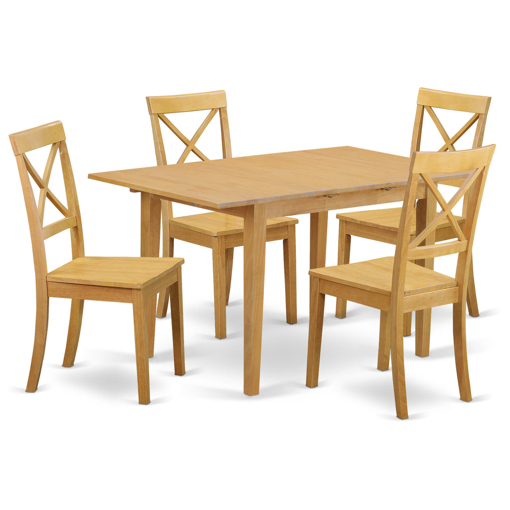 Juego de mesa de cocina de 5 piezas East West Furniture NOBO5-OAK-W para 4 personas. Incluye una mesa de comedor rectangular con diseño de hojas de mariposa y 4 sillas de comedor.
