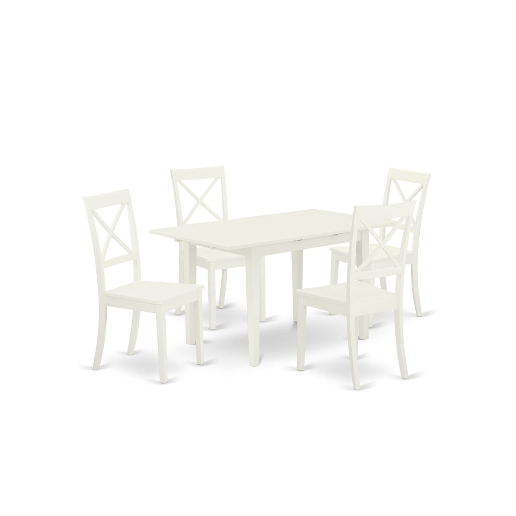 East West Furniture NOBO5-WHI-W 5 Piece Dining Table Set for 4 Includes a Rectangle Kitchen Table with Butterfly Leaf and 4 Dinette Chairs