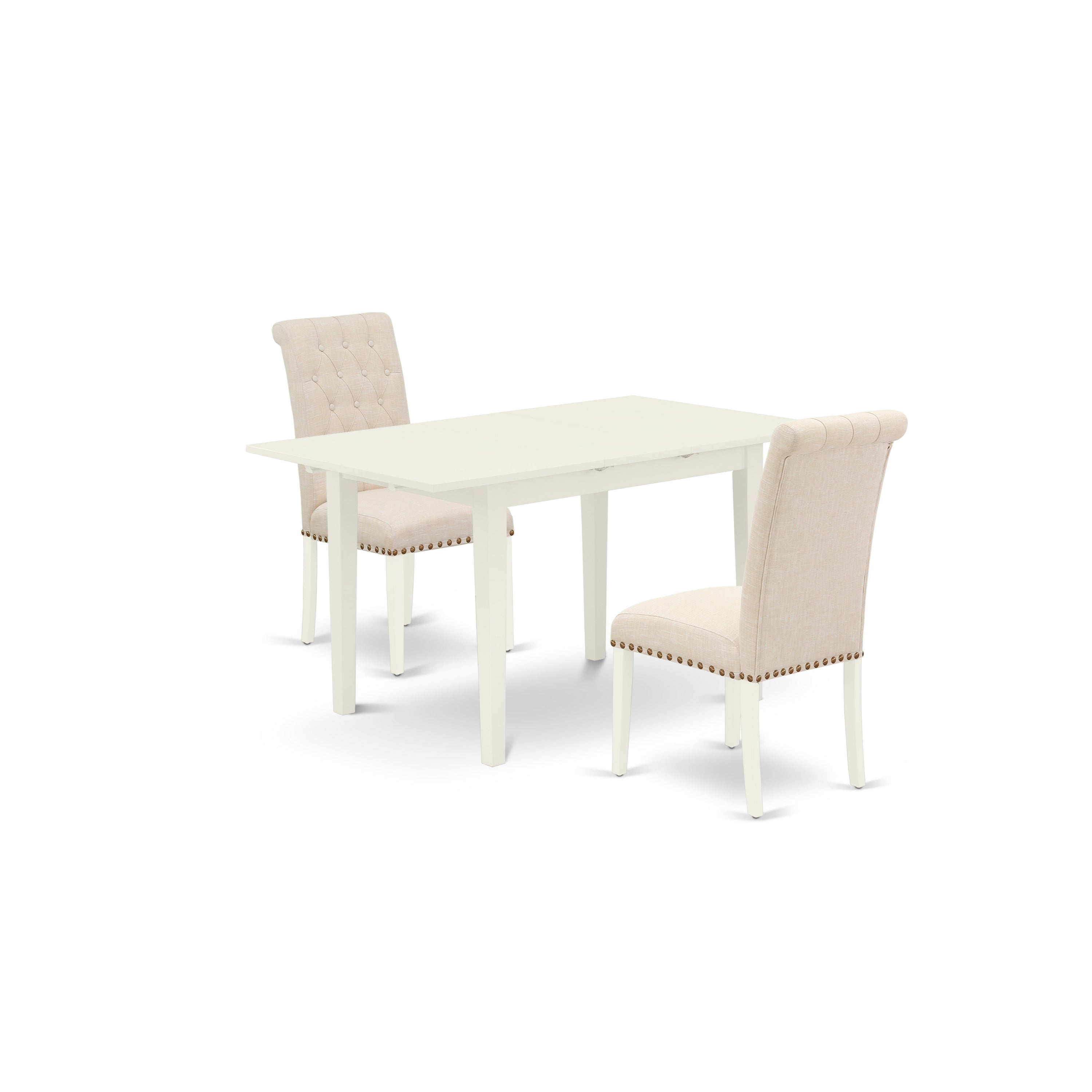 East West Furniture NOBR3-LWH-02 3-Piece Modern Dinette Set - Nail Head Parson Chairs with Button Tufted Back and Upholstered Seat and Butterfly Leaf Rectangular Table and 4 Legs - Linen White Finish