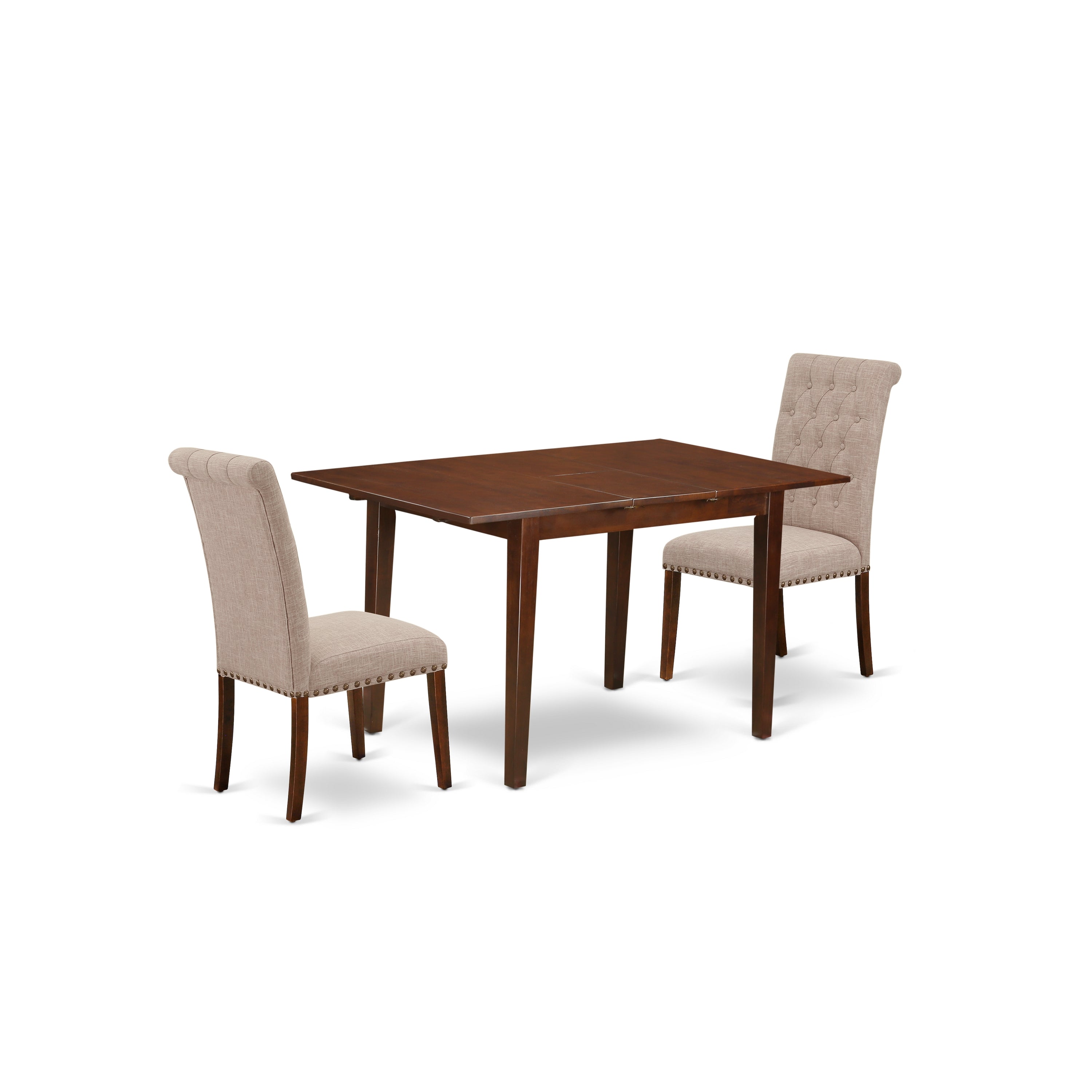 NOBR3-MAH-04 3Pc Dinette Set Includes a Rectangular Kitchen Table with Butterfly Leaf and Two Parson Chairs with Light Fawn Fabric, Mahogany Finish