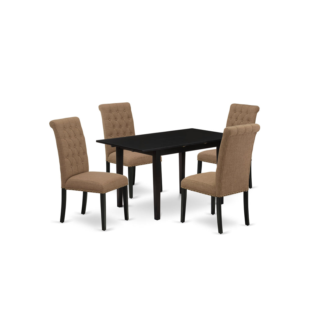 East West Furniture NOBR5-BLK-17 5 Piece Kitchen Set for 4 Includes a Rectangle Dining Room Table with Butterfly Leaf and 4 Light Sable Linen Fabric Parsons Chairs