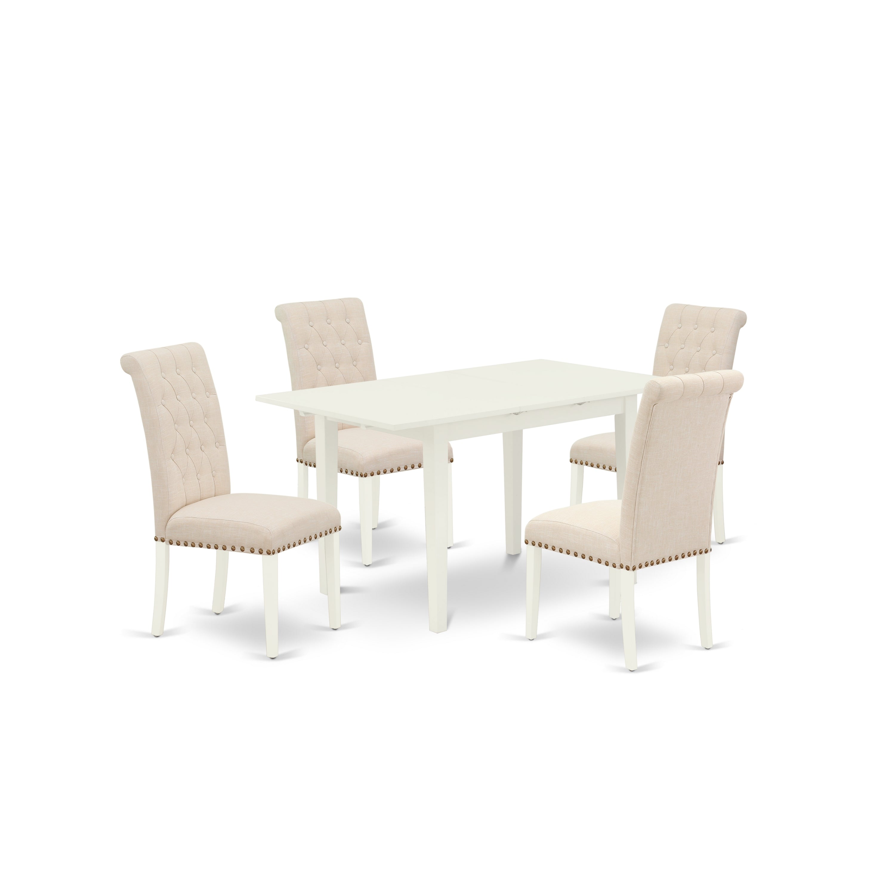 East West Furniture NOBR5-LWH-02 5-Piece Rectangle Dinette Set - Nail Head Dining Room Chairs with Button Tufted Back and Upholstered Seat and Butterfly Leaf Rectangular Dining Table and 4 Legs - Linen White Finish