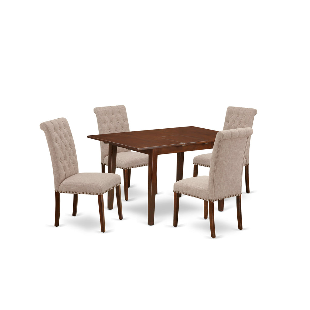 El juego de comedor de 5 piezas East West Furniture NOBR5-MAH-04 incluye una mesa de comedor rectangular con diseño de hojas de mariposa y 4 sillas tapizadas en tela de lino color tostado claro.