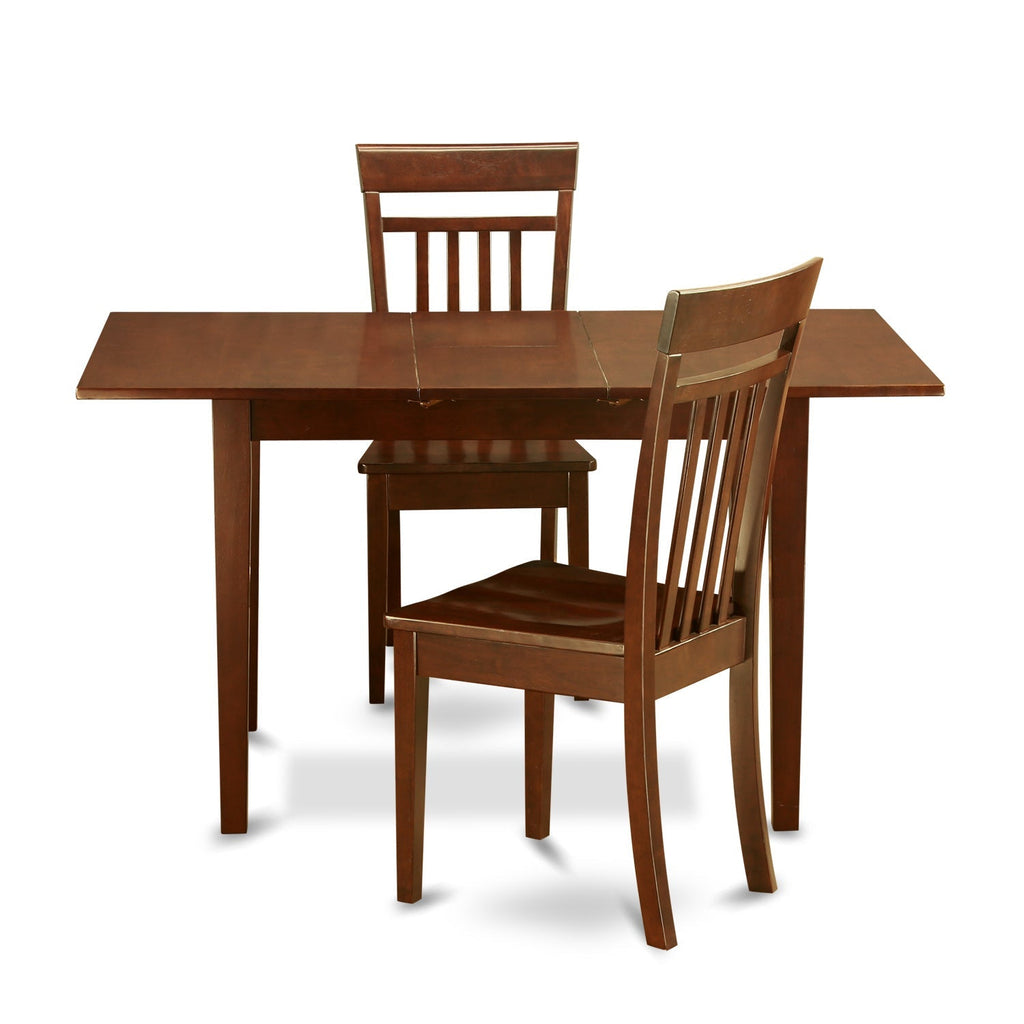 Juego de comedor de 3 piezas East West Furniture NOCA3-MAH-W. Incluye una mesa de comedor rectangular con hojas de mariposa y 2 sillas con asiento de madera.