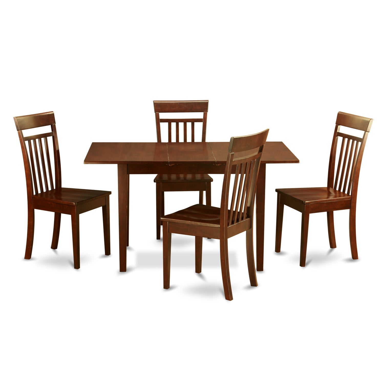 El juego de mesa de comedor moderno de 5 piezas East West Furniture NOCA5-MAH-W incluye una mesa rectangular de madera con diseño de hojas de mariposa y 4 sillas de comedor de cocina.