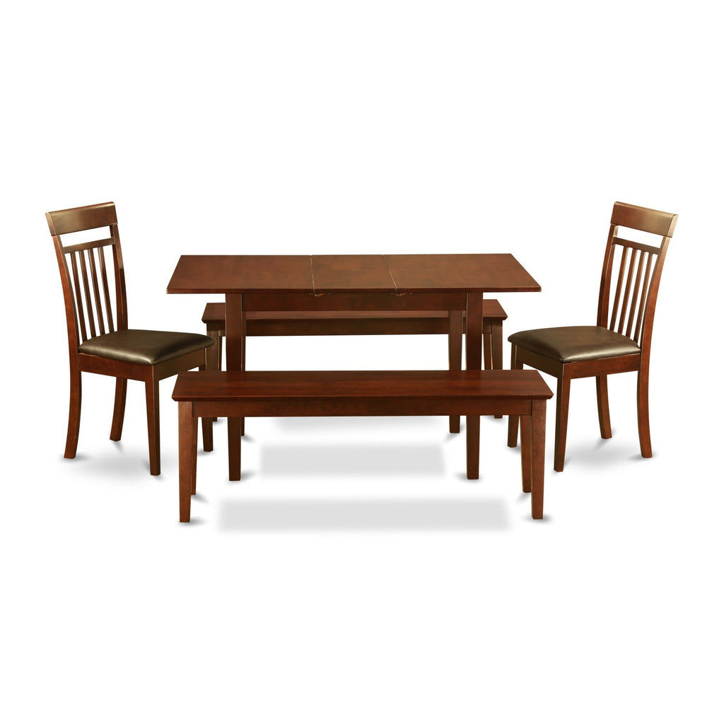 Juego de comedor de 5 piezas East West Furniture NOCA5C-MAH-LC. Incluye una mesa de comedor rectangular con diseño de hojas de mariposa y 2 sillas de cocina de piel sintética con 2 bancos.